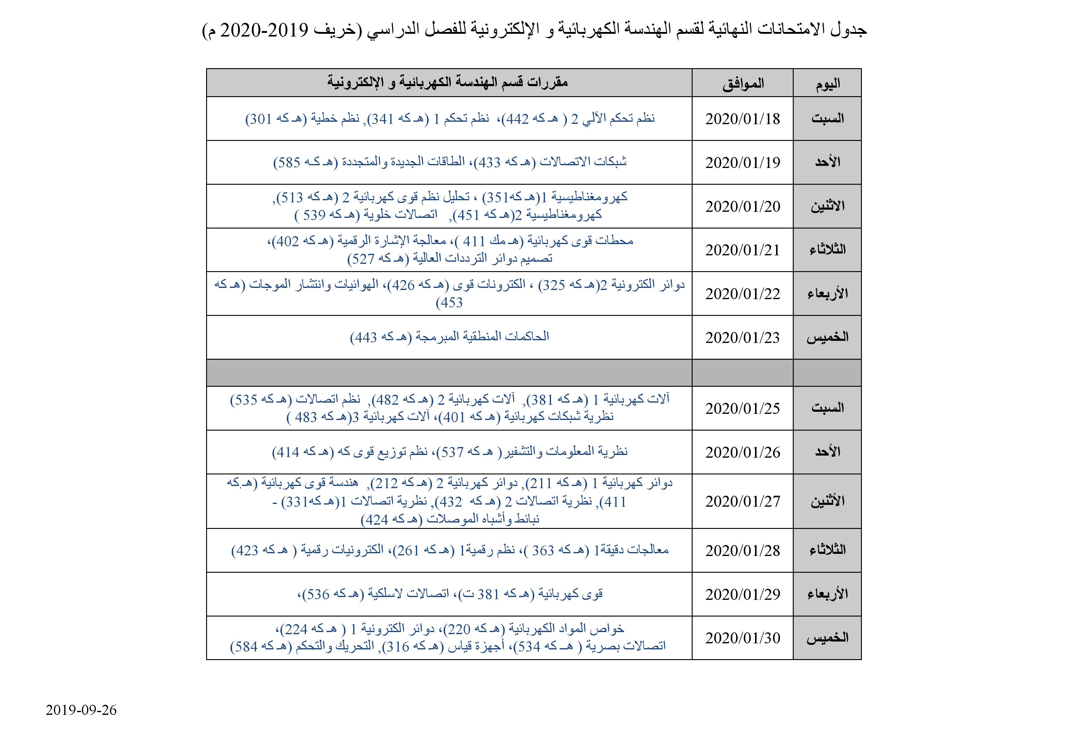 جدول المحاضرات و الامتحانات النهائية لقسم الهندسة الكهربائية و الاكترونية